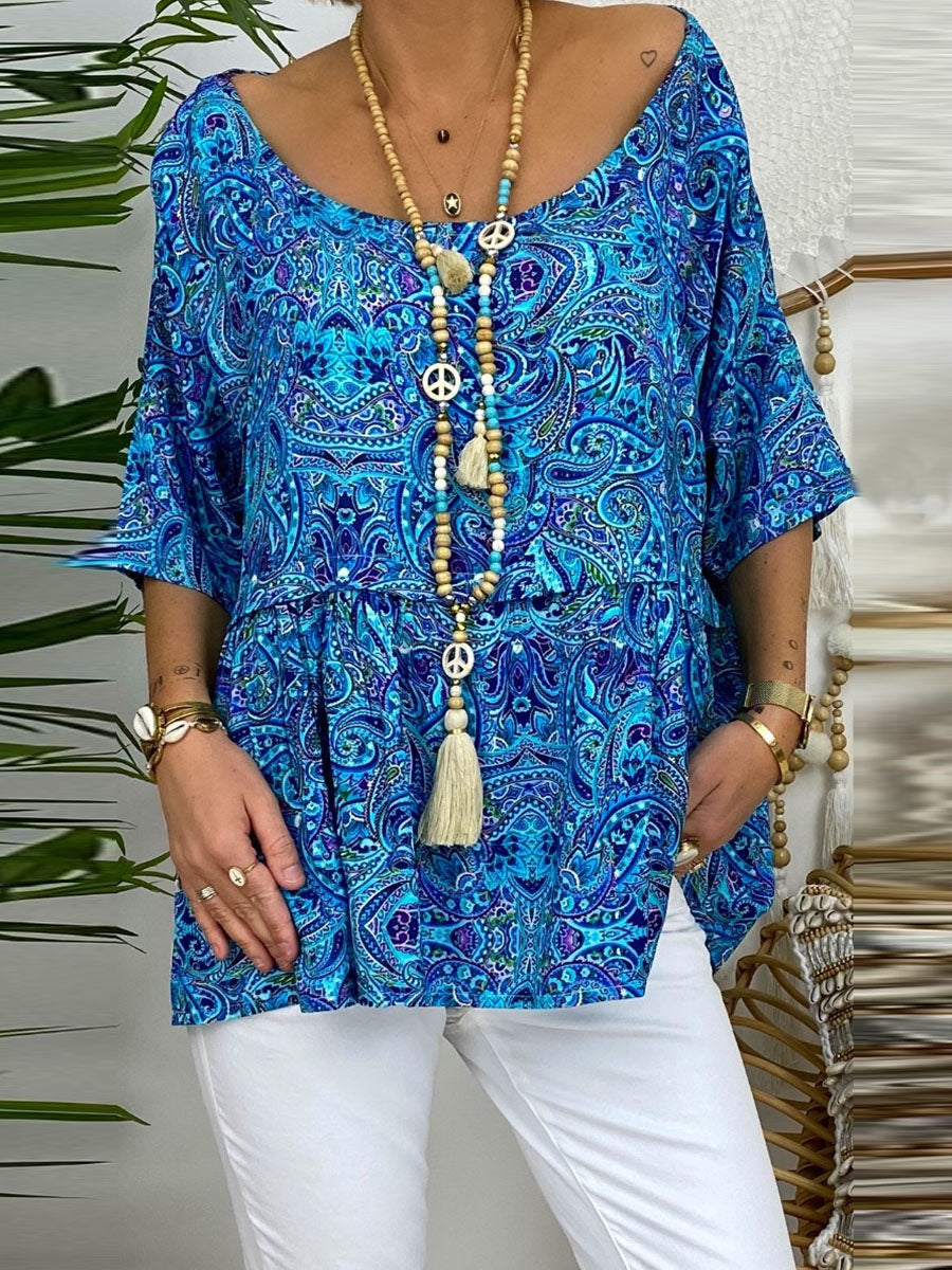 Casual Print Round Neck Tops Half Sleeve Loose Shirt Blouses