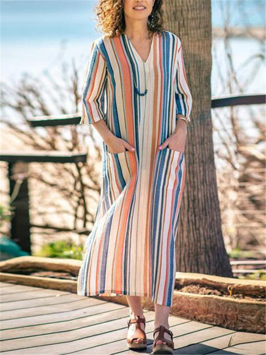 Bohemia Casual Loose Linen Striped Pocket Dress