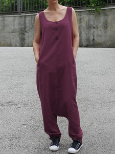 Sleeveless Solid Color Button Long Jumpsuit Overalls