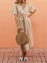 Load image into Gallery viewer, V-Neck Belt Cotton and Linen Comfort Casual Dress