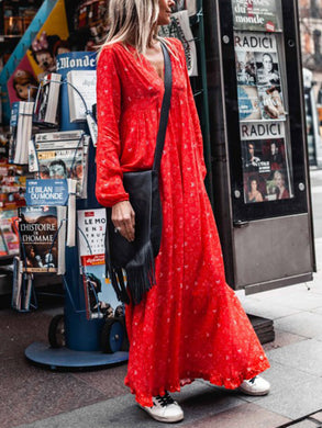 V-neck Long Sleeve Printed Maxi Dress