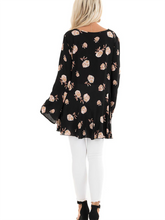 Load image into Gallery viewer, Black Floral Print Tunic Top with Long Sleeves and Front Tie