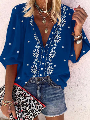 Leisure Flower Printed Deep V Shirt