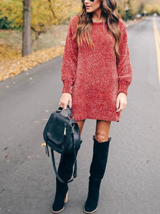 Solid Knit Round Neck Mini Dress