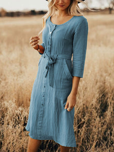 Round Neck Vacation Lace Up Button Dress