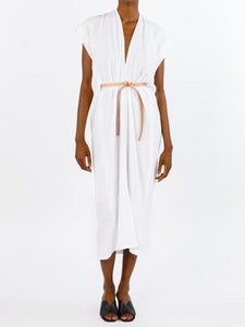 White Lace-Up V-Neck Simple Linen Dress