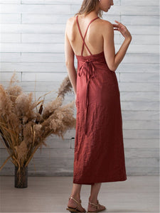 Sexy Open Back Strap Solid Cotton Linen Maxi Dresses