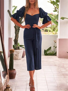 Sexy Backless Solid Color Ruffled Puff Sleeve Jumpsuits