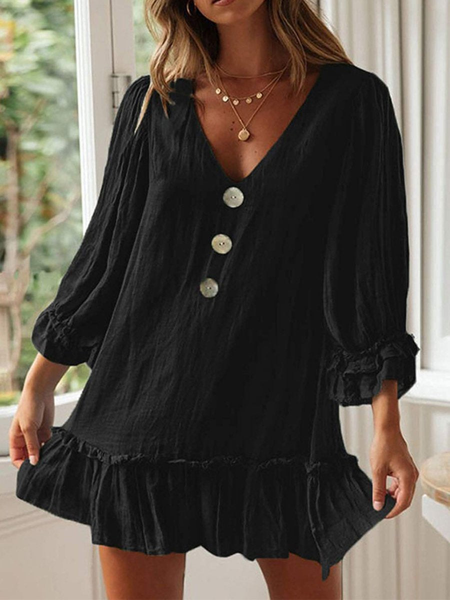 Loose Long Sleeve Ruffled Hem Casual Dresses