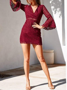 Solid Color V-neck Lace Dresses