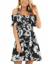 Load image into Gallery viewer, Black and White Floral Smocked Mini Dress with Strap Details