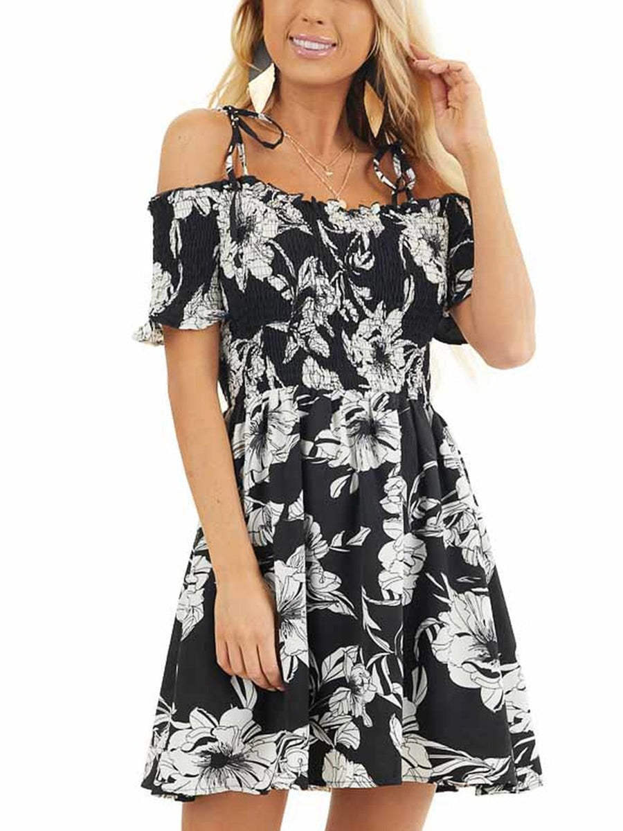 Black and White Floral Smocked Mini Dress with Strap Details