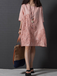 Literary Loose Embroidered Cotton and Linen Dress