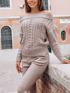 Round Neck Off Shoulder Knit Casual Two-Piece Set