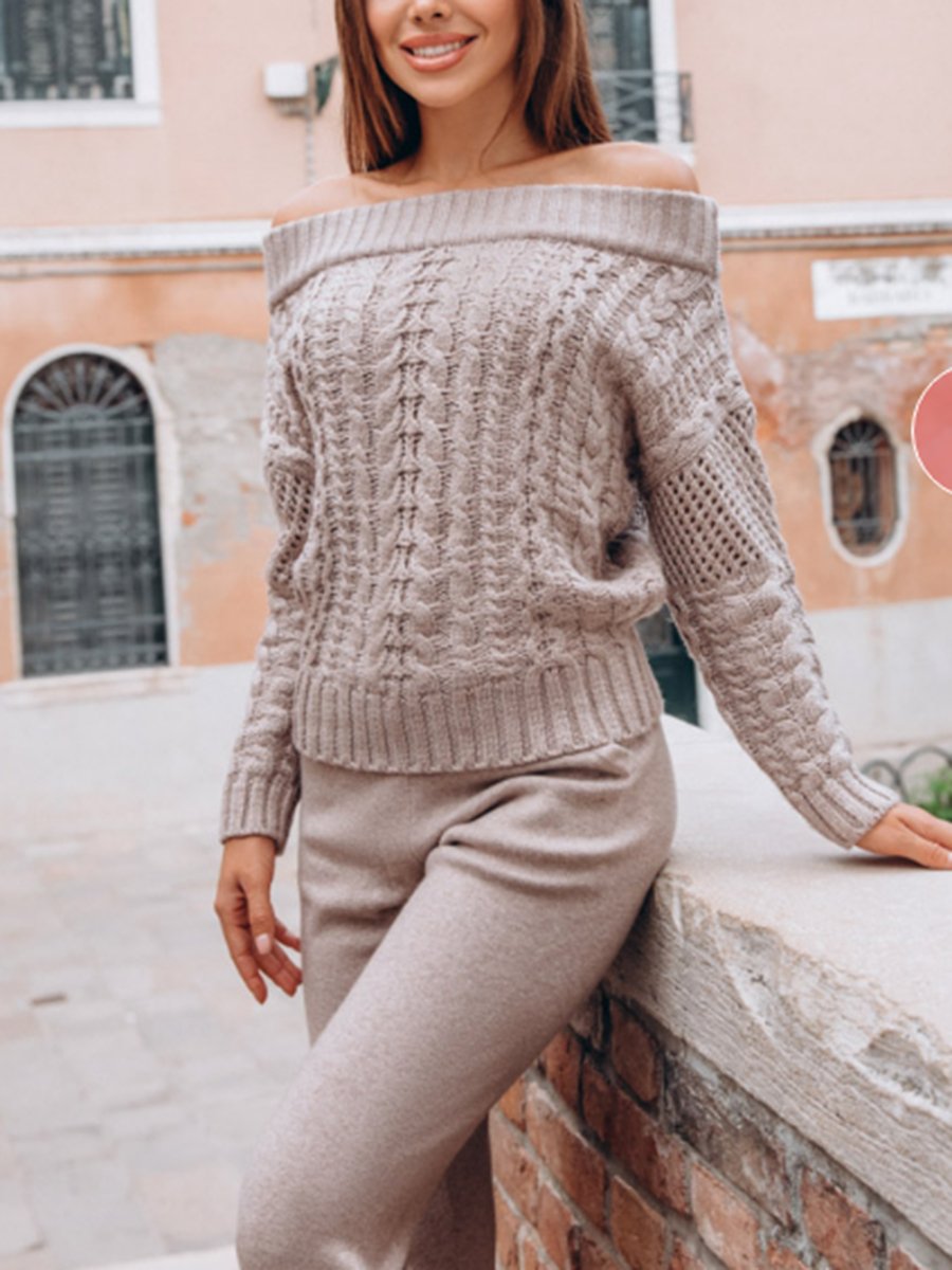 Round Neck Off Shoulder Knit Casual Two-Piece Set