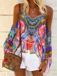 Bohemian Sling Off Shoulder Sleeve Print T-Shirt