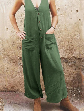 Solid color loose pocket casual jumpsuit