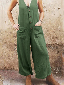 Solid color loose pocket casual jumpsuit