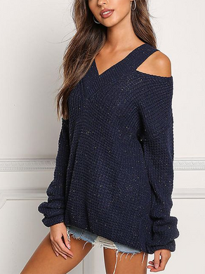 V-Neck Strapless Solid Color Sweater