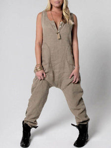 Sleeveless Buttons Neck Overalls Linen Drop Crotch Jumpsuit