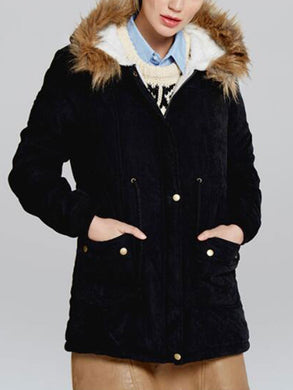 Faux Fur Collar Pockets Drawstring Women Slim Oversized Parka Jacket Coat