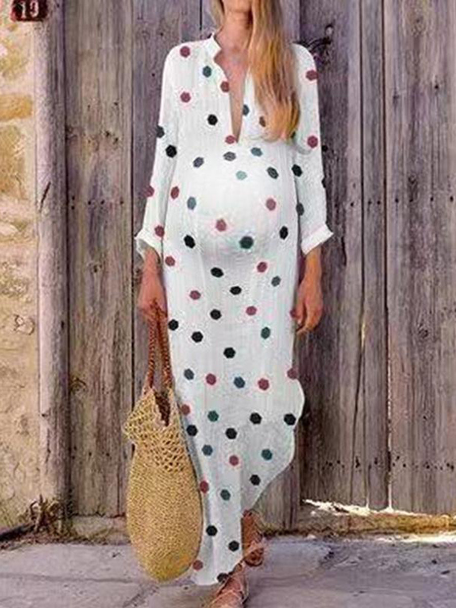 Maternity Sweet V Neck Long Sleeve Polka Dot Dress