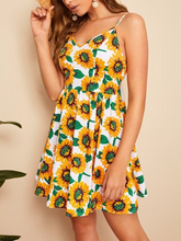 Load image into Gallery viewer, Knot Back Sunflower Print Sexy Cami High Waist Mini Dress