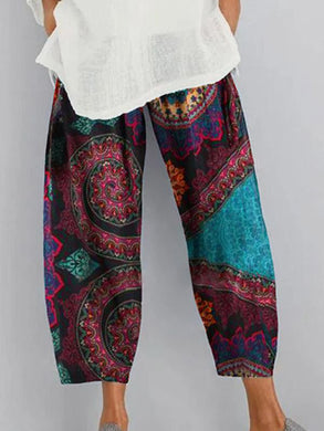 Spring and Summer Totem Printed Cotton and Linen Pants