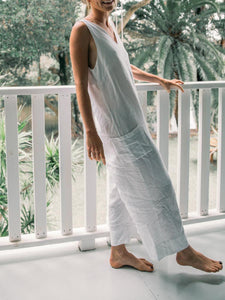 Women V-neck Sleeveless Loose Linen Jumpsuit