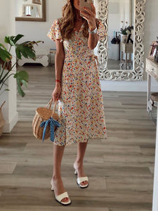 Casual Floral Lace Up V-Neck Dress