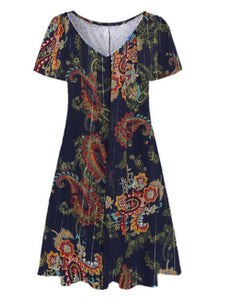 Women Short Sleeve V-neck Floral Printed Midi Dress