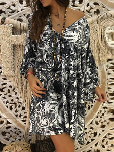 Leaf Print Long Sleeve Casual Dress