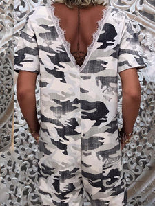 V-Neck Short Sleeve Camouflage Jumpsuit