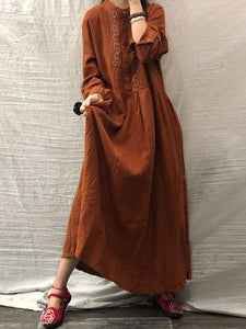 Vintage Wind Long Sleeve Cotton and Linen Loose Dress