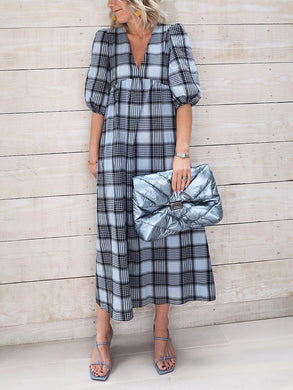 Plaid Printed Deep V-Neck Loose Casual Dress