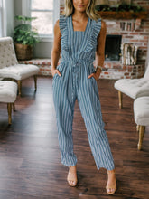 Load image into Gallery viewer, Women Ruffle Detail Lace Up Navy Striped Jumpsuit