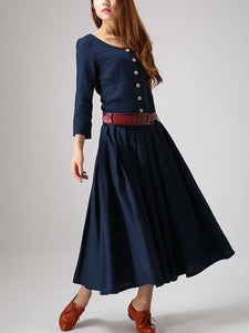 Cotton and Linen Casual Button Long Sleeve Dress