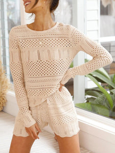 Casual Loose Long-Sleeved Top Shorts Suit