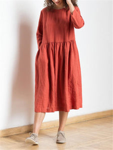 Casual Loose Solid Cotton Linen Neck Midi Dresses