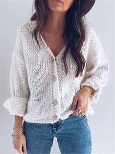 V-neck Solid Cardigan Knitted Sweater