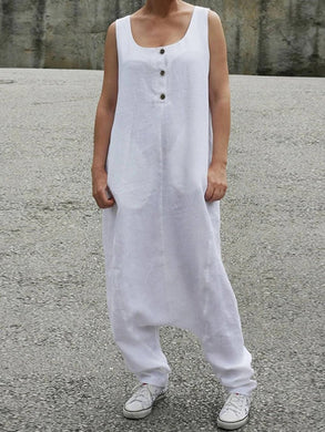 Sleeveless Solid Color Button Long Jumpsuit Overalls