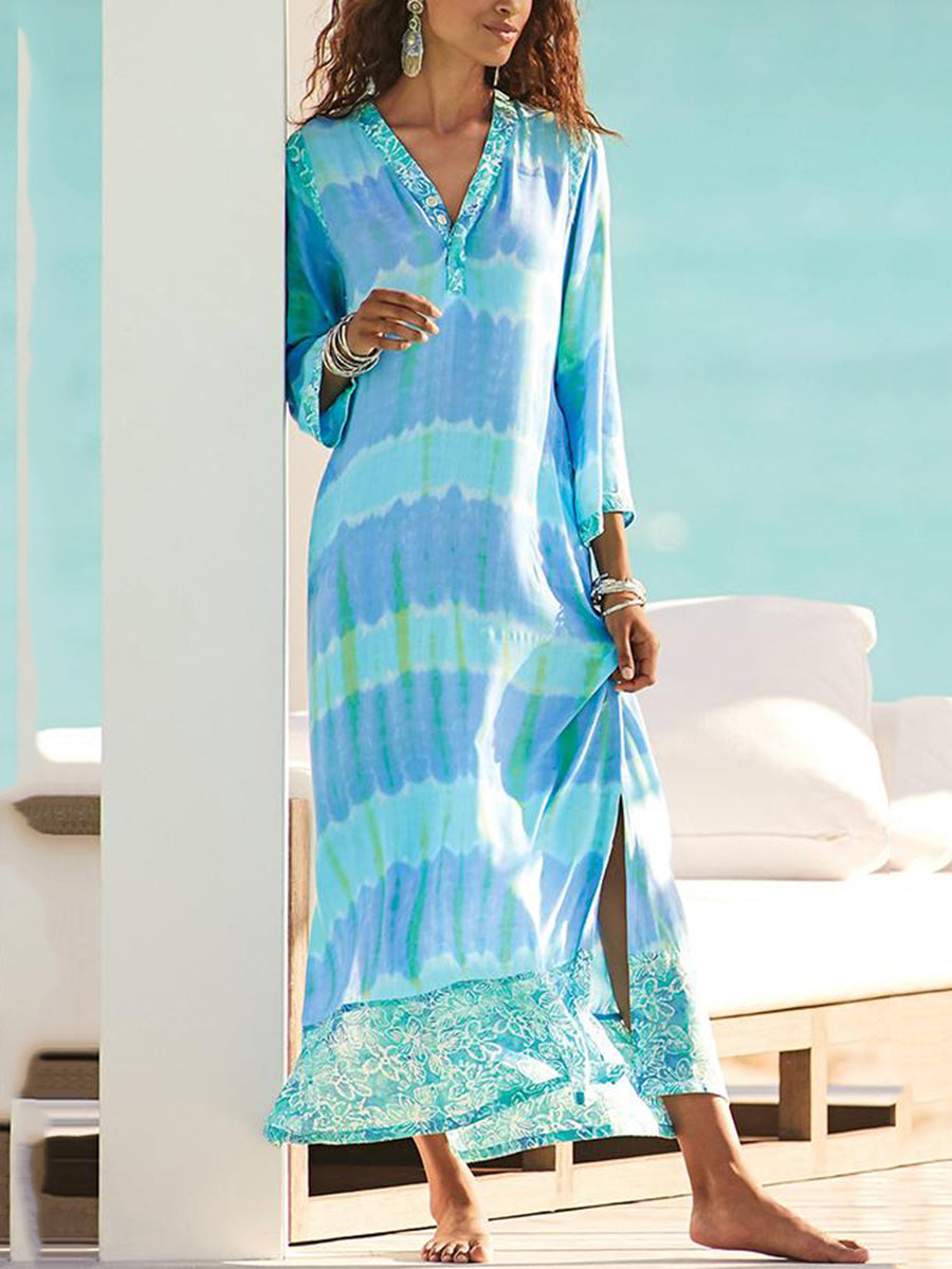 Casual 3/4 Sleeves Print V Neck Split Maxi Dress