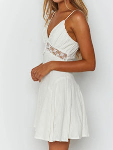 Deep V-Neck White Linen Dress