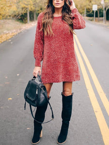 Solid Knit Round Neck Mini Dress