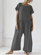 Load image into Gallery viewer, Round Veck Short Sleeve Linen Jumpsuit