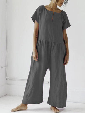 Round Veck Short Sleeve Linen Jumpsuit
