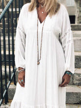 Load image into Gallery viewer, V-neck Long Sleeve Lace Cotton Linen Casual Dress