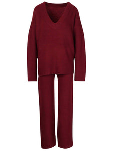 Loose Casual V-Neck Long Sleeve Top Wide Leg Pants Knitted Suit