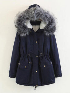 Faux Fur Collar Pockets Drawstring Women Parka Jacket Oversized Coat