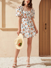 Load image into Gallery viewer, Puff Sleeve Floral Print Belted Schiffy Mini Dress